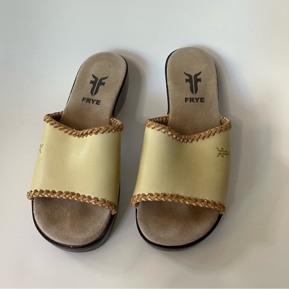 ✨ Frye Yellow Leather Braided Wedge Sandals 8M | Boho Wood Platform Slide - Picture 1 of 6